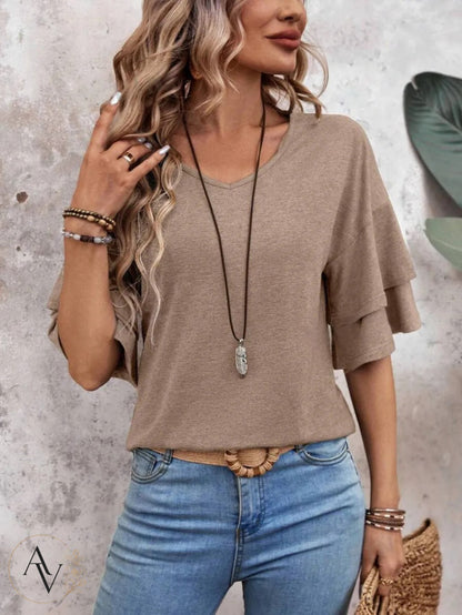 Women's V Neck Ruffle Sleeve Top, Loose Fit Half Sleeve Blouse, Soft Casual T-Shirt for Summer Daily Wear