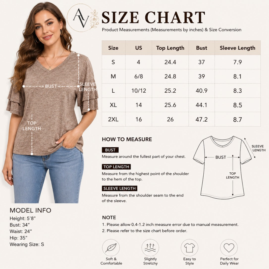 Women's V Neck Ruffle Sleeve Top, Loose Fit Half Sleeve Blouse, Soft Casual T-Shirt for Summer Daily Wear