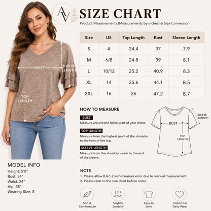 Women's V Neck Ruffle Sleeve Top, Loose Fit Half Sleeve Blouse, Soft Casual T-Shirt for Summer Daily Wear