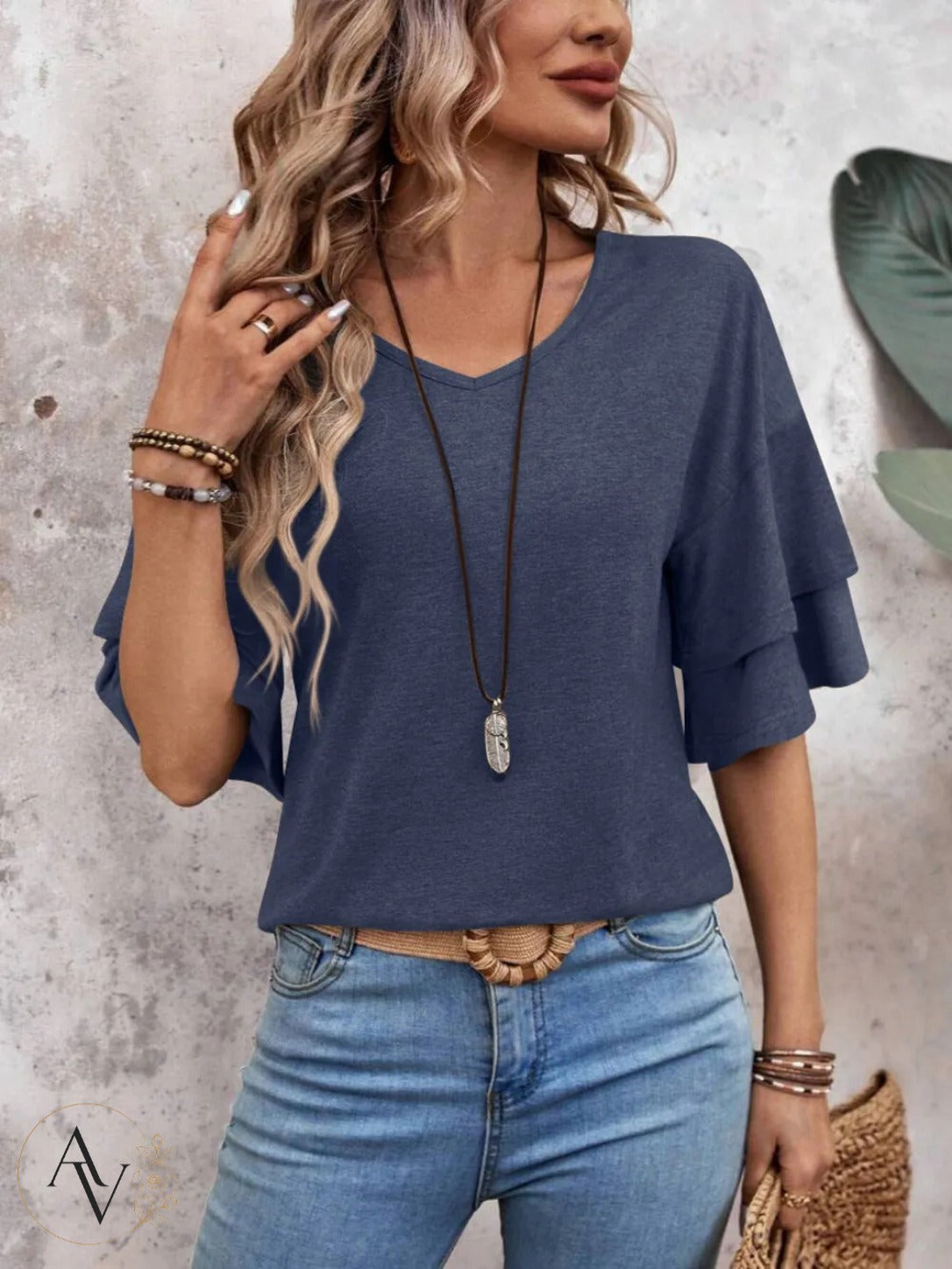 Women's V Neck Ruffle Sleeve Top, Loose Fit Half Sleeve Blouse, Soft Casual T-Shirt for Summer Daily Wear