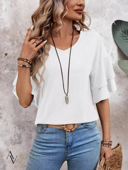 Women's V Neck Ruffle Sleeve Top, Loose Fit Half Sleeve Blouse, Soft Casual T-Shirt for Summer Daily Wear