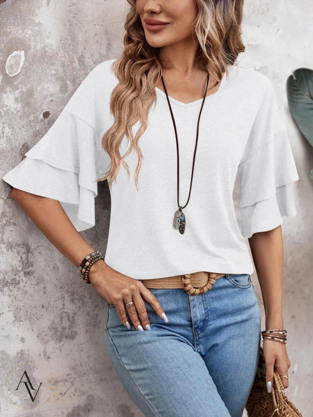 Women's V Neck Ruffle Sleeve Top, Loose Fit Half Sleeve Blouse, Soft Casual T-Shirt for Summer Daily Wear