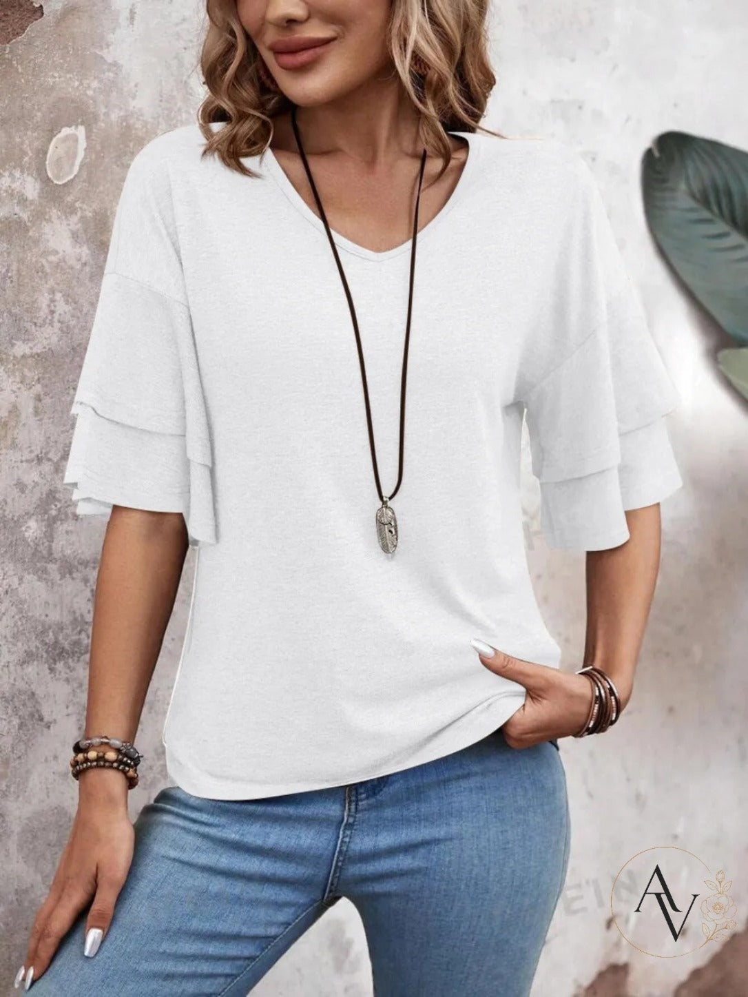 Women's V Neck Ruffle Sleeve Top, Loose Fit Half Sleeve Blouse, Soft Casual T-Shirt for Summer Daily Wear