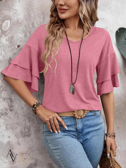 Women's V Neck Ruffle Sleeve Top, Loose Fit Half Sleeve Blouse, Soft Casual T-Shirt for Summer Daily Wear