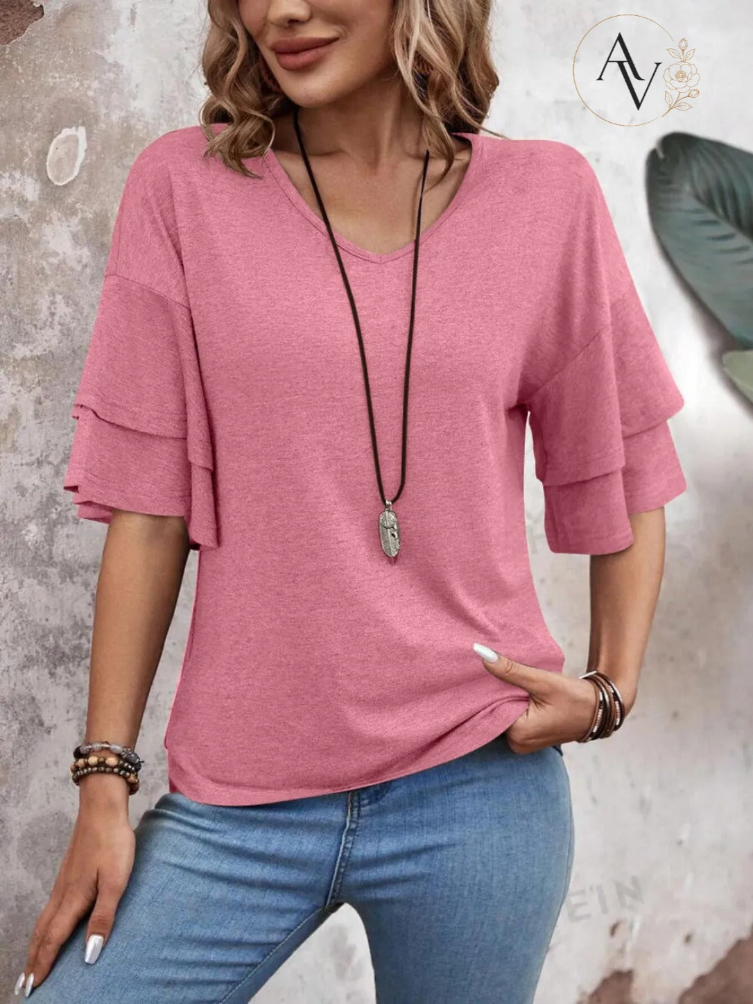 Women's V Neck Ruffle Sleeve Top, Loose Fit Half Sleeve Blouse, Soft Casual T-Shirt for Summer Daily Wear