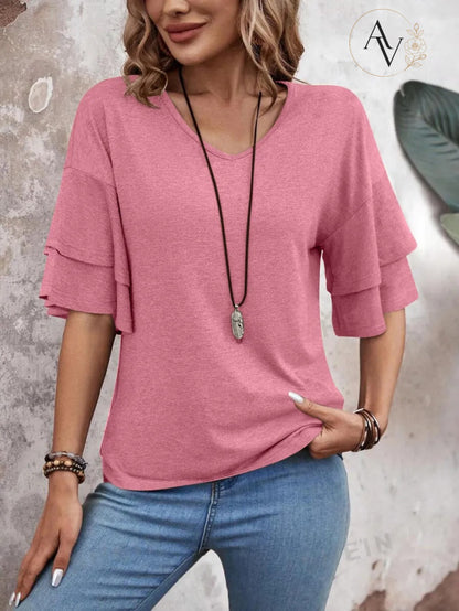 Women's V Neck Ruffle Sleeve Top, Loose Fit Half Sleeve Blouse, Soft Casual T-Shirt for Summer Daily Wear