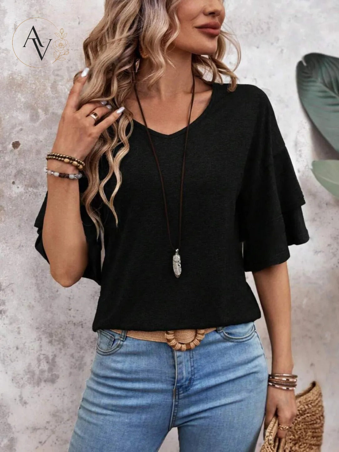 Women's V Neck Ruffle Sleeve Top, Loose Fit Half Sleeve Blouse, Soft Casual T-Shirt for Summer Daily Wear