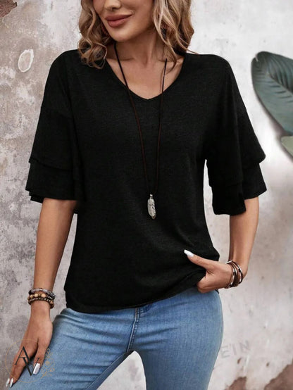 Women's V Neck Ruffle Sleeve Top, Loose Fit Half Sleeve Blouse, Soft Casual T-Shirt for Summer Daily Wear