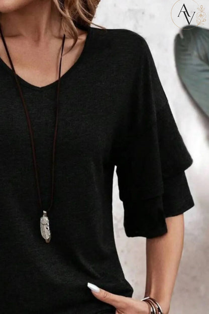 Women's V Neck Ruffle Sleeve Top, Loose Fit Half Sleeve Blouse, Soft Casual T-Shirt for Summer Daily Wear
