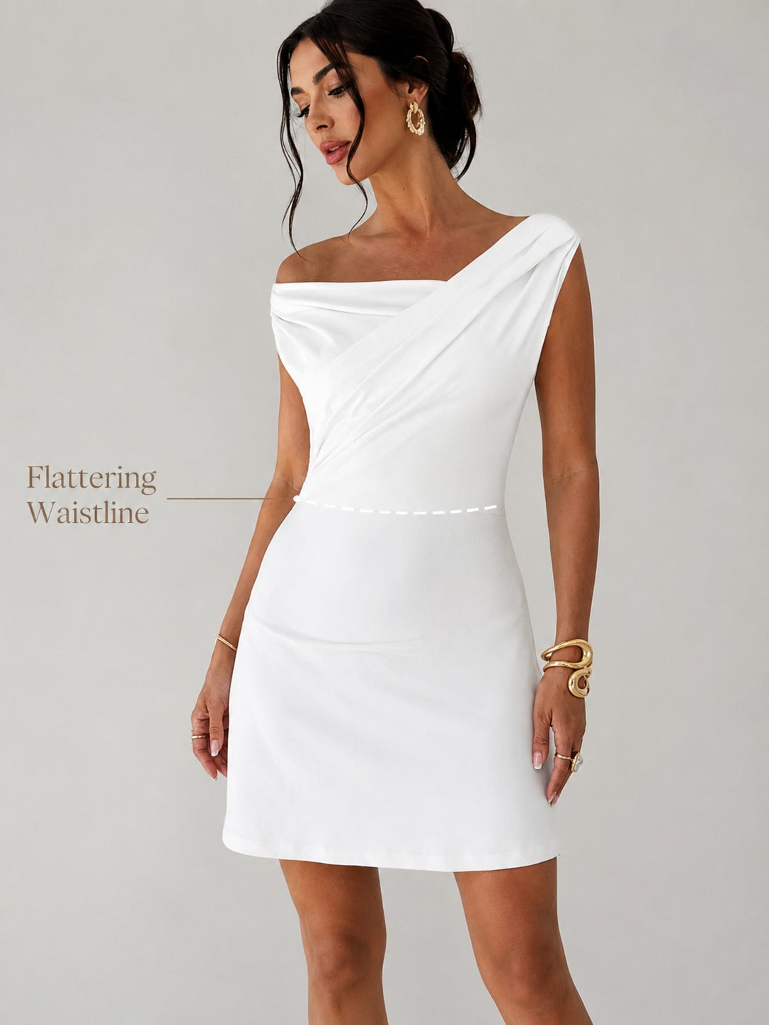 Women’s White Off Shoulder Draped Mini Dress, Elegant One Shoulder Sleeveless Party Dress for Date Night, Vacation, Bridal Shower & Summer Outfits