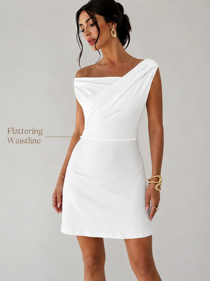 Women’s White Off Shoulder Draped Mini Dress, Elegant One Shoulder Sleeveless Party Dress for Date Night, Vacation, Bridal Shower & Summer Outfits