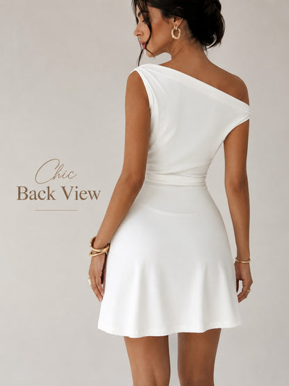Women’s White Off Shoulder Draped Mini Dress, Elegant One Shoulder Sleeveless Party Dress for Date Night, Vacation, Bridal Shower & Summer Outfits