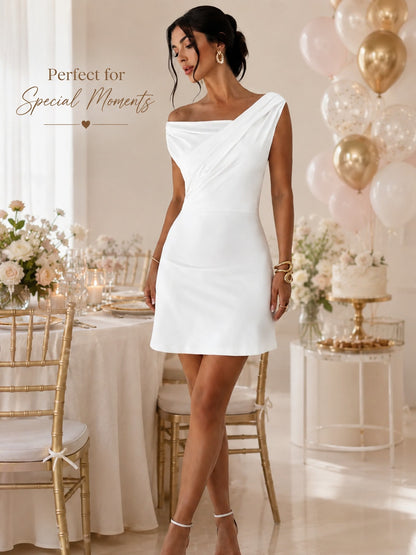 Women’s White Off Shoulder Draped Mini Dress, Elegant One Shoulder Sleeveless Party Dress for Date Night, Vacation, Bridal Shower & Summer Outfits