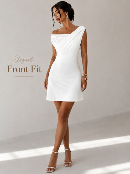 Women’s White Off Shoulder Draped Mini Dress, Elegant One Shoulder Sleeveless Party Dress for Date Night, Vacation, Bridal Shower & Summer Outfits