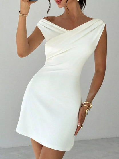 Women’s White Off Shoulder Draped Mini Dress, Elegant One Shoulder Sleeveless Party Dress for Date Night, Vacation, Bridal Shower & Summer Outfits