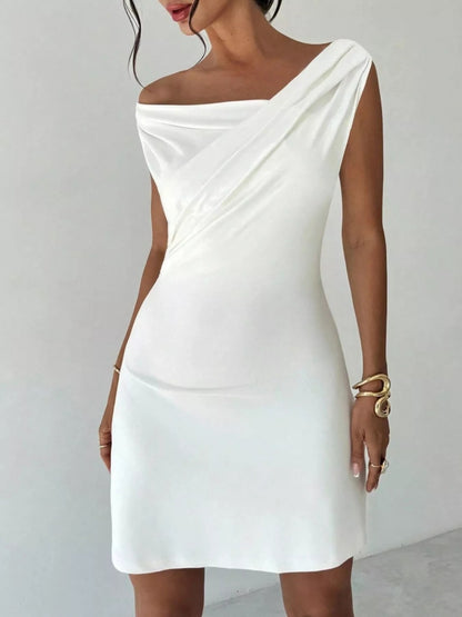 Women’s White Off Shoulder Draped Mini Dress, Elegant One Shoulder Sleeveless Party Dress for Date Night, Vacation, Bridal Shower & Summer Outfits