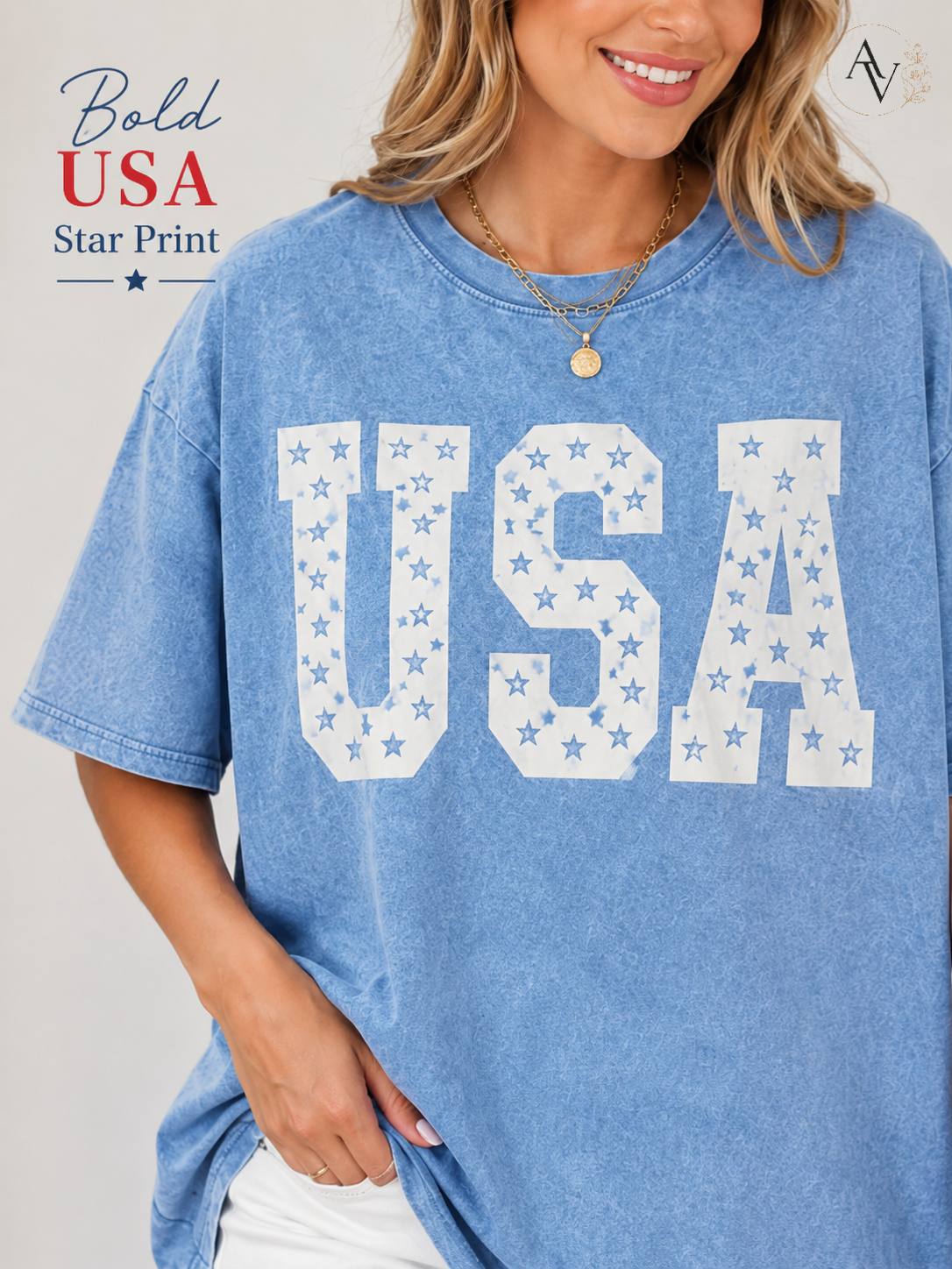 Women’s USA Star Print Acid Wash T-Shirt – 100% Cotton Patriotic Crew Neck Short Sleeve Graphic Tee for 4th of July, Memorial Day & Summer Outfits
