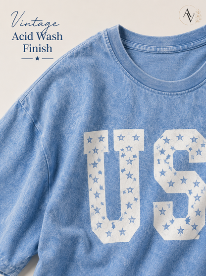 Women’s USA Star Print Acid Wash T-Shirt – 100% Cotton Patriotic Crew Neck Short Sleeve Graphic Tee for 4th of July, Memorial Day & Summer Outfits