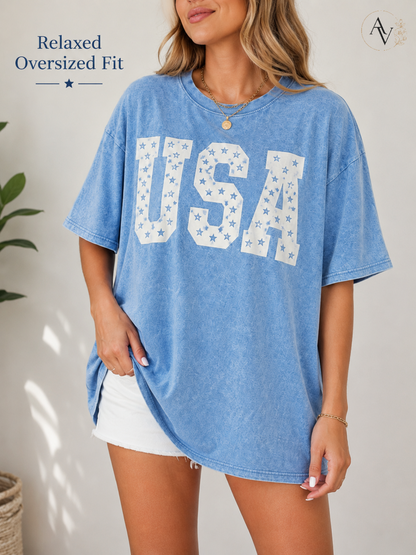 Women’s USA Star Print Acid Wash T-Shirt – 100% Cotton Patriotic Crew Neck Short Sleeve Graphic Tee for 4th of July, Memorial Day & Summer Outfits