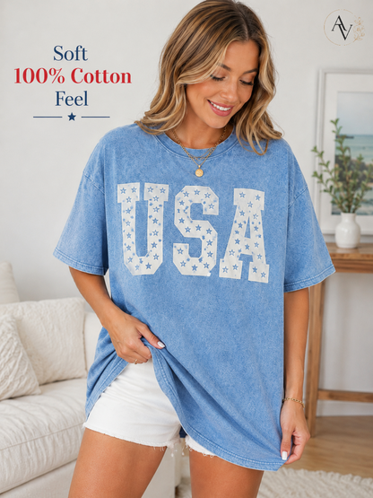 Women’s USA Star Print Acid Wash T-Shirt – 100% Cotton Patriotic Crew Neck Short Sleeve Graphic Tee for 4th of July, Memorial Day & Summer Outfits