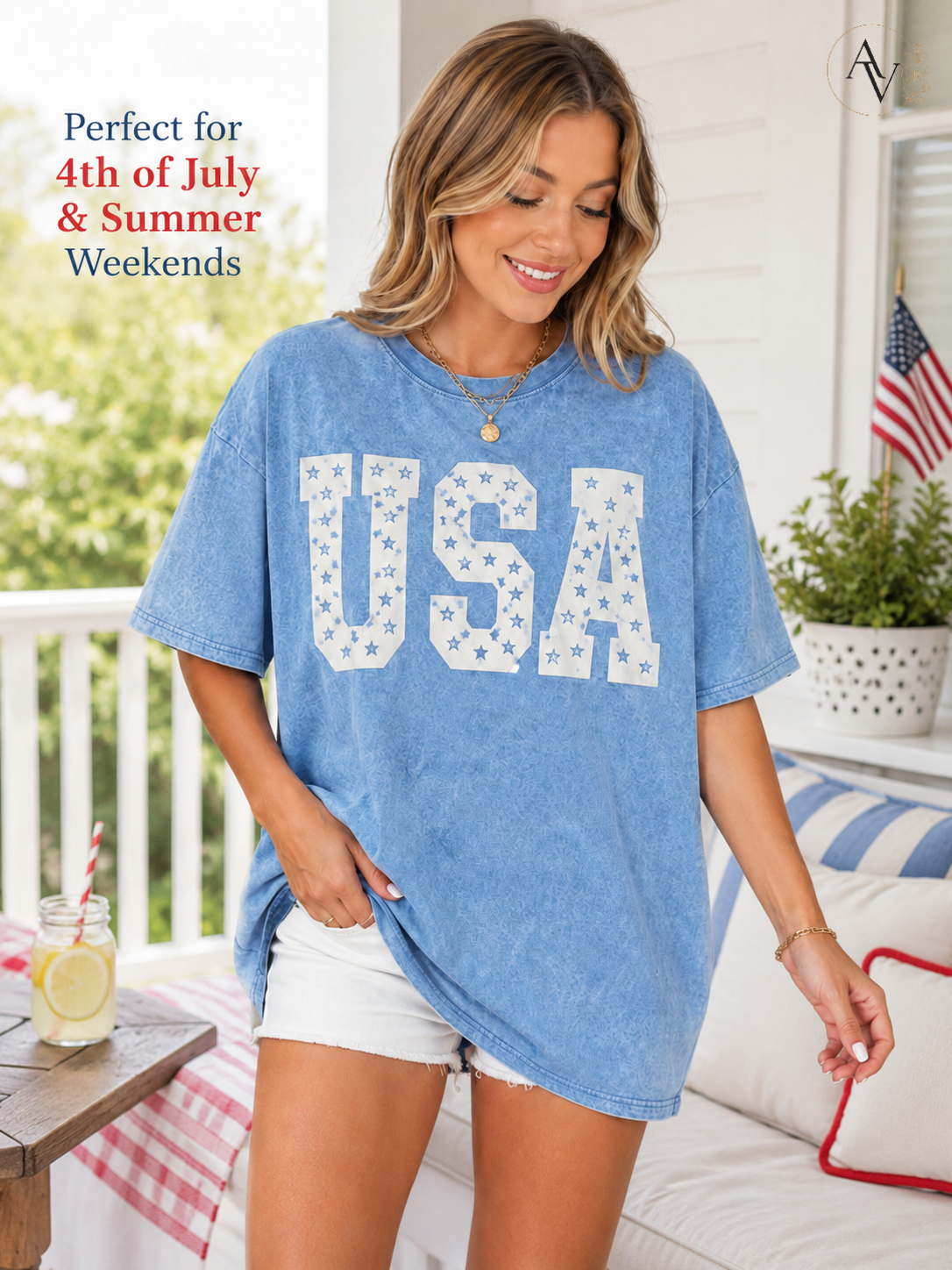 Women’s USA Star Print Acid Wash T-Shirt – 100% Cotton Patriotic Crew Neck Short Sleeve Graphic Tee for 4th of July, Memorial Day & Summer Outfits