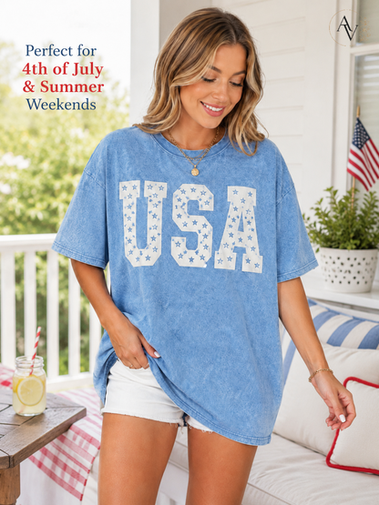 Women’s USA Star Print Acid Wash T-Shirt – 100% Cotton Patriotic Crew Neck Short Sleeve Graphic Tee for 4th of July, Memorial Day & Summer Outfits