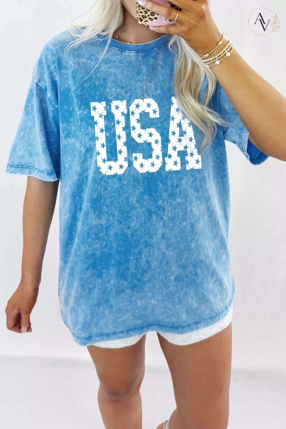 Women’s USA Star Print Acid Wash T-Shirt – 100% Cotton Patriotic Crew Neck Short Sleeve Graphic Tee for 4th of July, Memorial Day & Summer Outfits