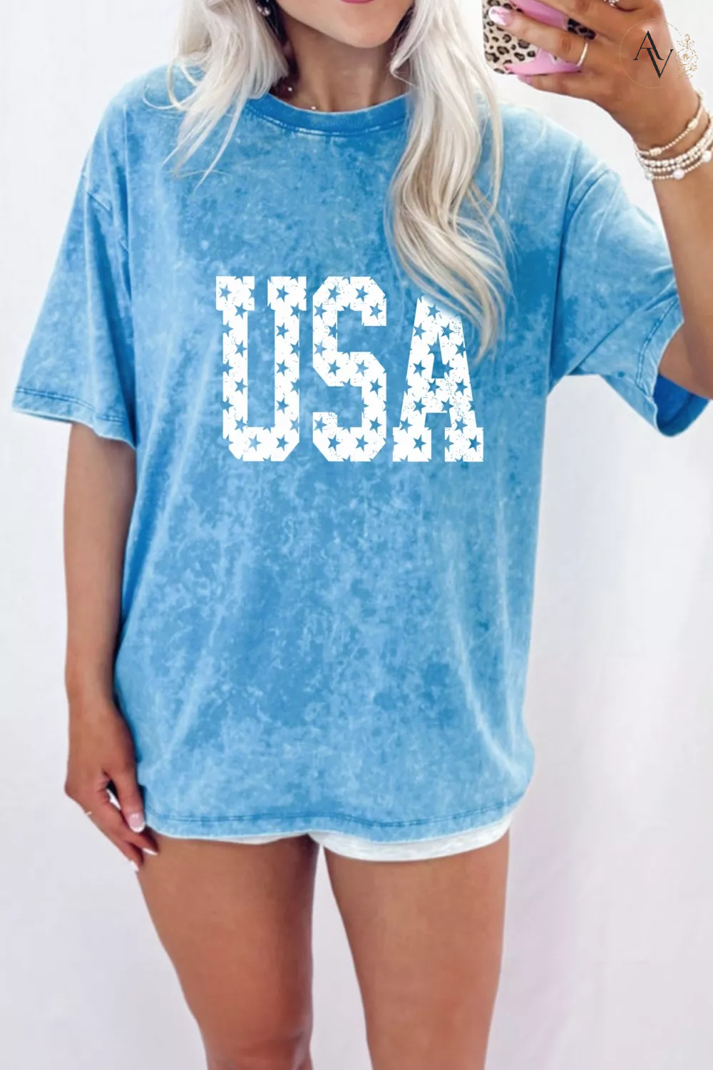 Women’s USA Star Print Acid Wash T-Shirt – 100% Cotton Patriotic Crew Neck Short Sleeve Graphic Tee for 4th of July, Memorial Day & Summer Outfits