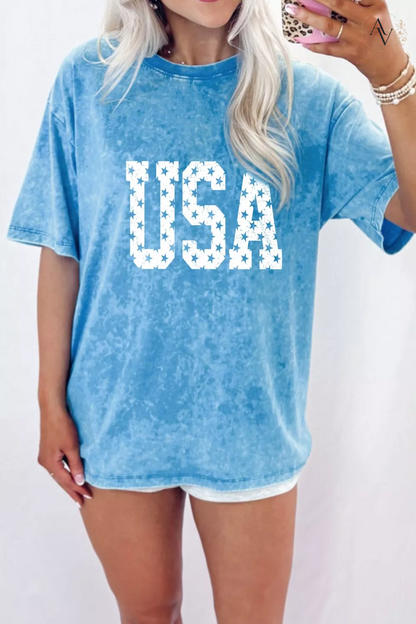 Women’s USA Star Print Acid Wash T-Shirt – 100% Cotton Patriotic Crew Neck Short Sleeve Graphic Tee for 4th of July, Memorial Day & Summer Outfits