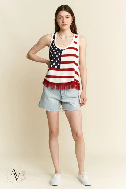Plus Size American Flag Fringe Tank Top for Women, Patriotic Sleeveless Summer Top, 4th of July USA Stars Stripes Shirt