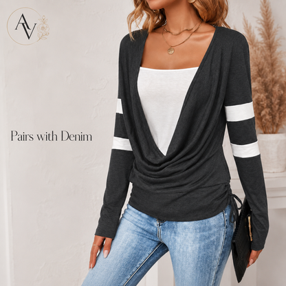 Women’s Cowl Neck Long Sleeve Top, Faux Layered 2 Piece Shirt, Gray Soft Draped Casual Blouse, Fall Winter Tee