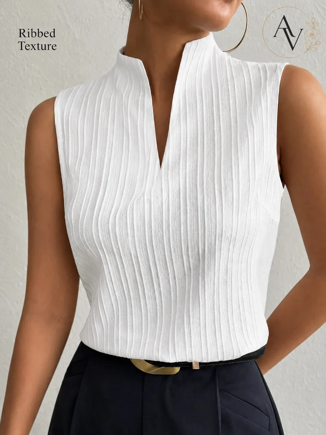 Women’s Ribbed Knit Notch Neck Sleeveless Top, Slim Fit Stretch Tank, Dressy Casual Office Blouse