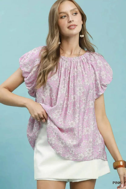 Women’s Pink Floral Puff Sleeve Blouse, Relaxed Fit Round Neck Short Sleeve Flowy Top for Summer, Brunch & Office Casual