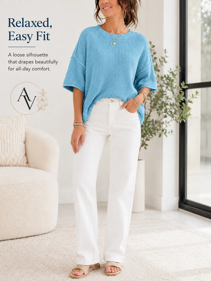 Women’s Casual Short Sleeve Knit Sweater, Lightweight Cotton Blend Ribbed Crew Neck Pullover Top for Spring Summer