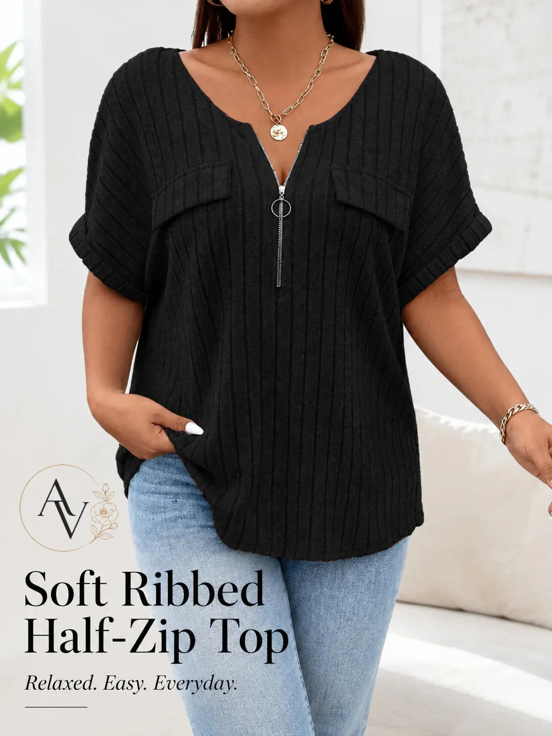Plus Size Half Zip Ribbed Short Sleeve Top for Women, Casual Loose Fit V Neck Pullover T-Shirt with Pocket Flap, Summer Daily Blouse