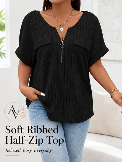 Plus Size Half Zip Ribbed Short Sleeve Top for Women, Casual Loose Fit V Neck Pullover T-Shirt with Pocket Flap, Summer Daily Blouse
