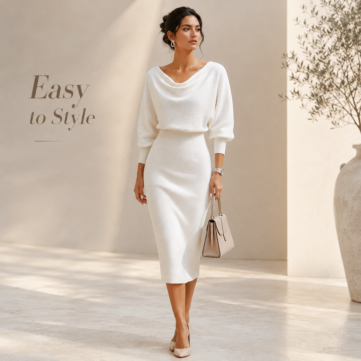 Women’s Cowl Neck Ribbed Knit Bodycon Midi Dress, Cotton Stretch Dolman Sleeve Sweater Dress for Work, Date Night & Fall Outfits