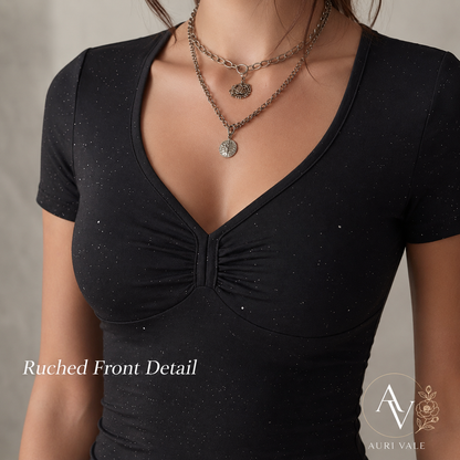 Women’s Slim Fit V Neck Crop T-Shirt, Black Sparkly Short Sleeve Ruched Front Top, Slight Stretch Casual Going Out Tee
