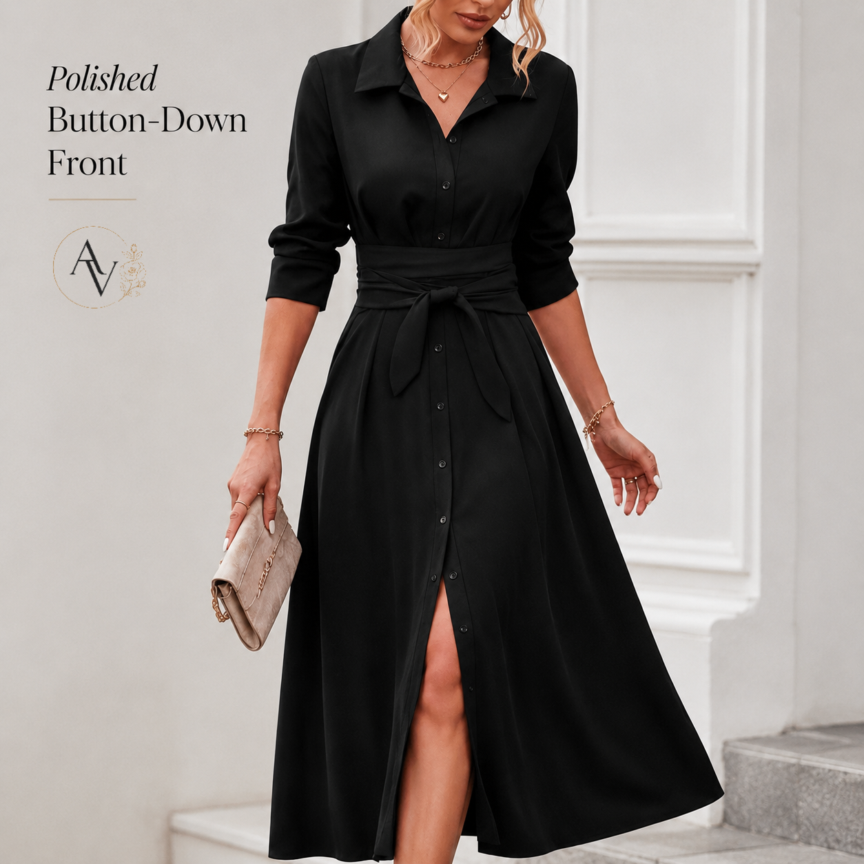 Women’s Belted Button Down Shirt Dress, Collared Long Sleeve Midi Dress, Slim Waist Work Office Casual Dress