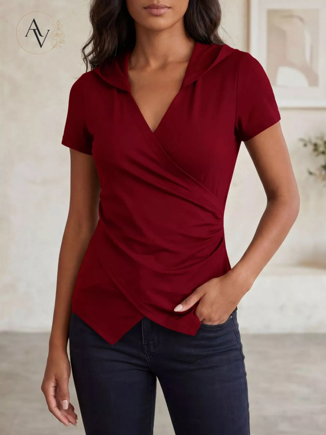 Women’s Hooded Wrap Front Slim Fit Top, Ruched Long Sleeve T-Shirt, Slight Stretch Casual Going Out Blouse for Fall Spring Streetwear