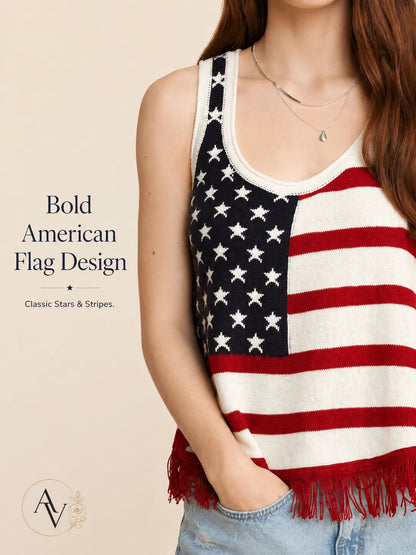 Plus Size American Flag Fringe Tank Top for Women, Patriotic Sleeveless Summer Top, 4th of July USA Stars Stripes Shirt