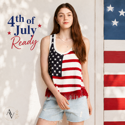 Plus Size American Flag Fringe Tank Top for Women, Patriotic Sleeveless Summer Top, 4th of July USA Stars Stripes Shirt