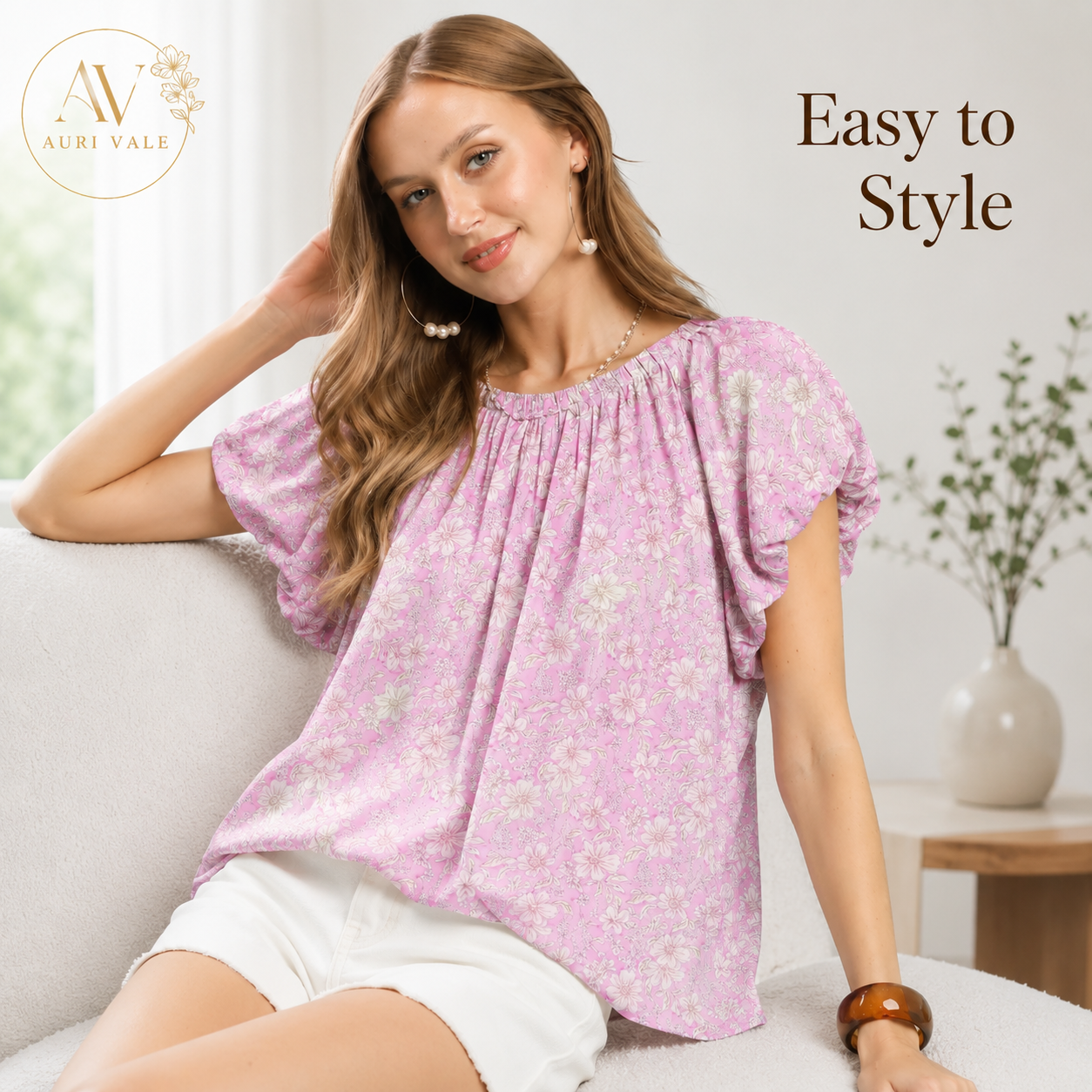 Women’s Pink Floral Puff Sleeve Blouse, Relaxed Fit Round Neck Short Sleeve Flowy Top for Summer, Brunch & Office Casual