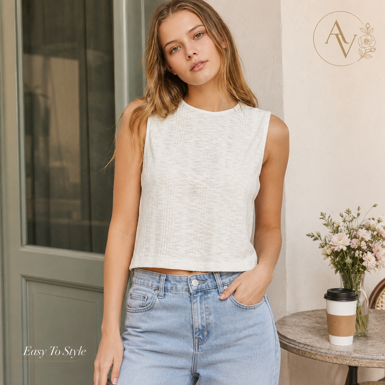 Women’s Textured Knit Cropped Tank Top, Sleeveless Round Neck Slim Fit Cotton Blend Summer Layering Shirt