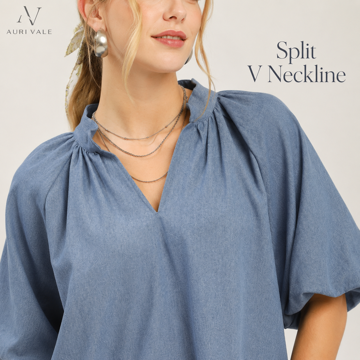 Women’s Chambray Puff Sleeve Top, Scallop Hem Split V-Neck Blouse, Lightweight Cotton Blend Oversized Casual Summer Shirt