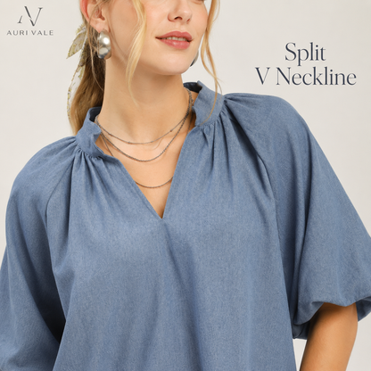 Women’s Chambray Puff Sleeve Top, Scallop Hem Split V-Neck Blouse, Lightweight Cotton Blend Oversized Casual Summer Shirt