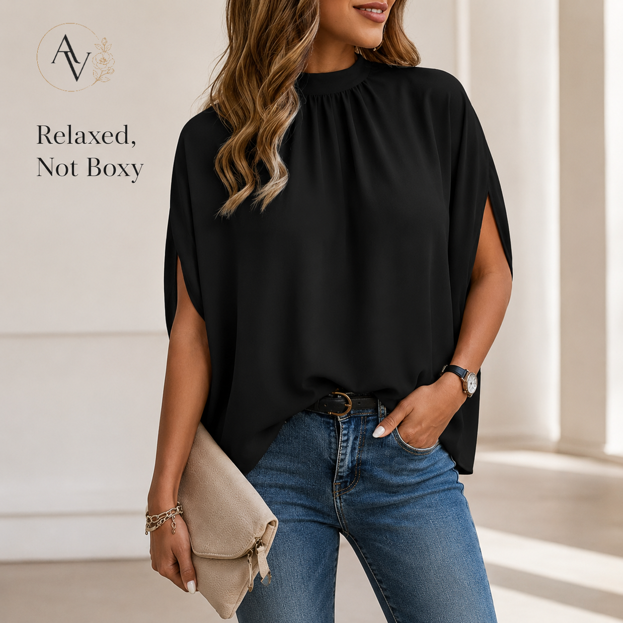 Women’s Mock Neck Tie Back Blouse, Split Batwing Half Sleeve Loose Fit Top, Dressy Casual Work Shirt for Office & Weekend
