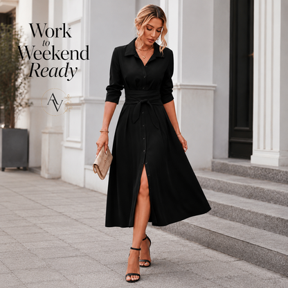 Women’s Belted Button Down Shirt Dress, Collared Long Sleeve Midi Dress, Slim Waist Work Office Casual Dress