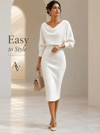 Women’s Cowl Neck Ribbed Knit Bodycon Midi Dress, Cotton Stretch Dolman Sleeve Sweater Dress for Work, Date Night & Fall Outfits