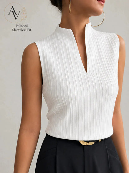 Women’s Ribbed Knit Notch Neck Sleeveless Top, Slim Fit Stretch Tank, Dressy Casual Office Blouse